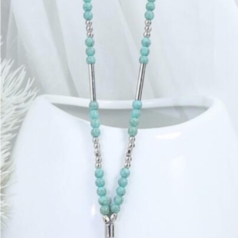 Silver & Blue Western Style Turquoise Decor Disc Charm Y Lariat Necklace